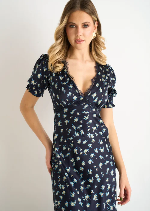 Gini London Navy Floral Lace Trim V Neck Midi Dress - 14 Image 4