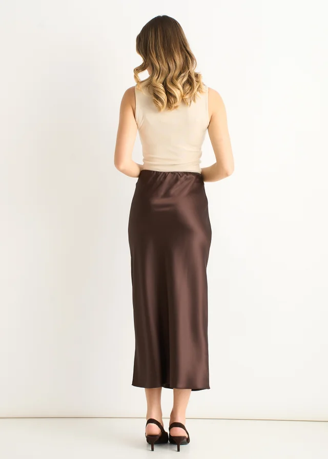 Gini London Chocolate Satin Bias Cut Midi Skirt