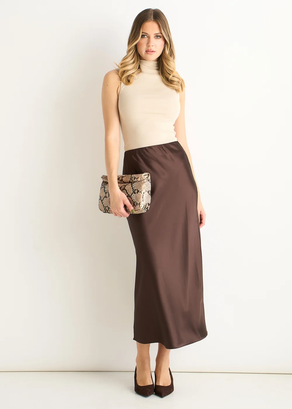 Gini London Chocolate Satin Bias Cut Midi Skirt - 8 Image 1