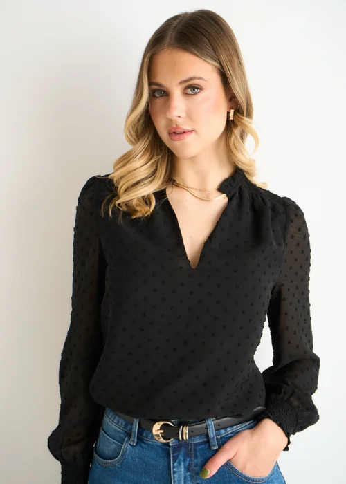 Gini London Black Dobby Chiffon Frill Neck Blouse - 10 Image 3