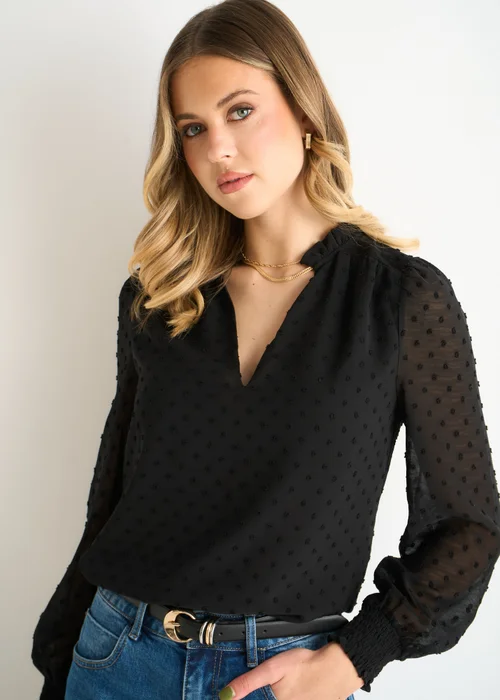 Gini London Black Dobby Chiffon Frill Neck Blouse - 10 Image 4