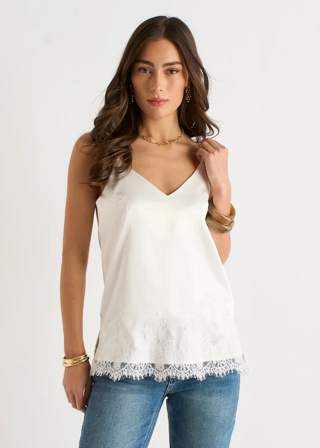 Gini London White Lace Trim Satin Cami Top