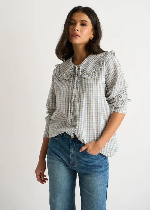 Gini London Blue Gingham Textured Check Peter Pan Collared Shirt - 14 Image 4