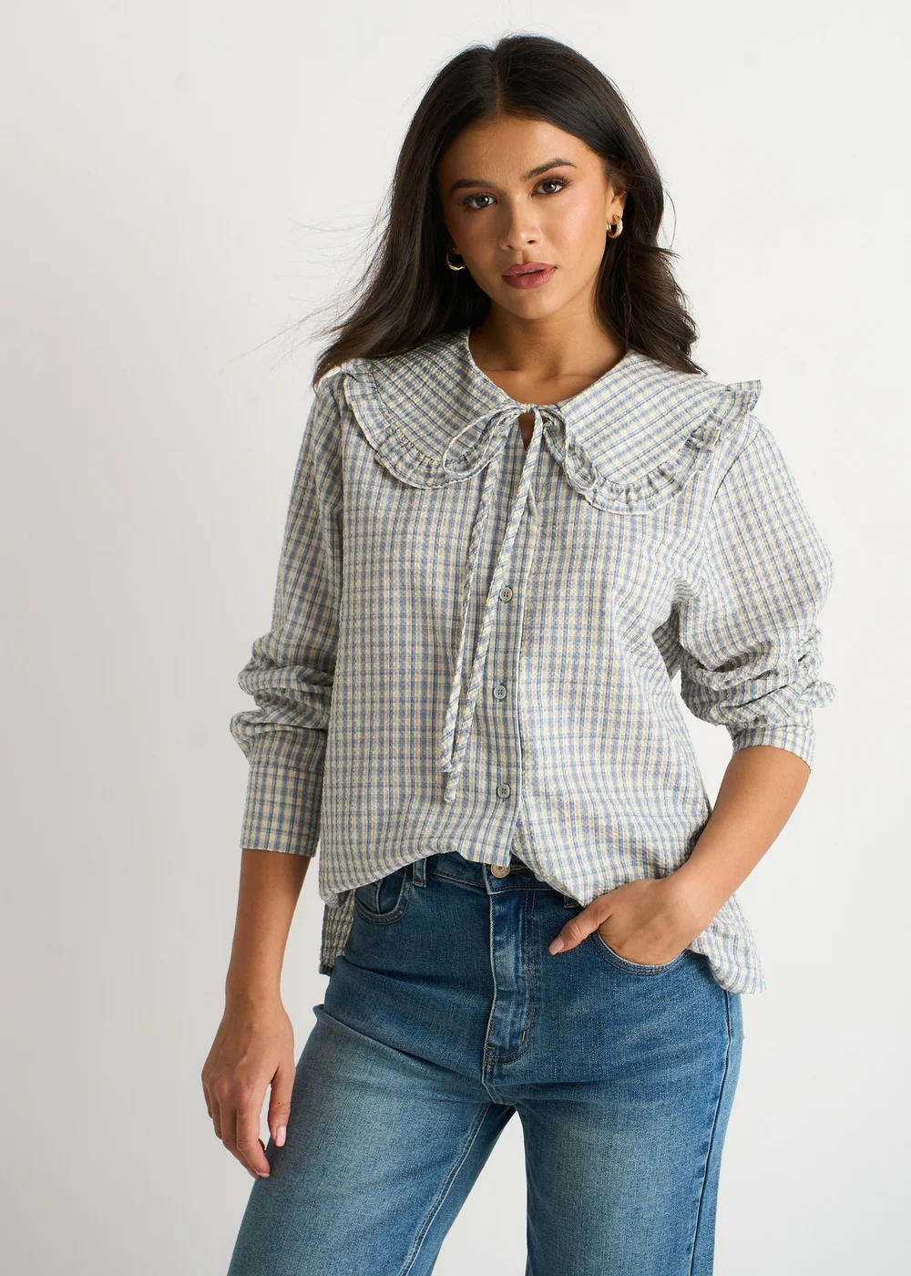 Gini London Blue Gingham Textured Check Peter Pan Collared Shirt - 14 Image 1