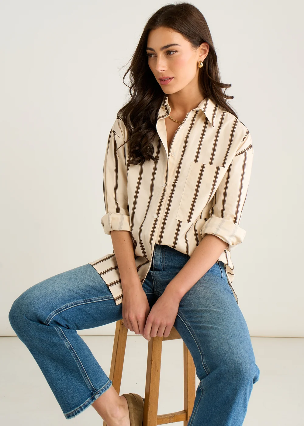 Gini London Cream Stripe Cotton Button Through Shirt - 10 Image 1