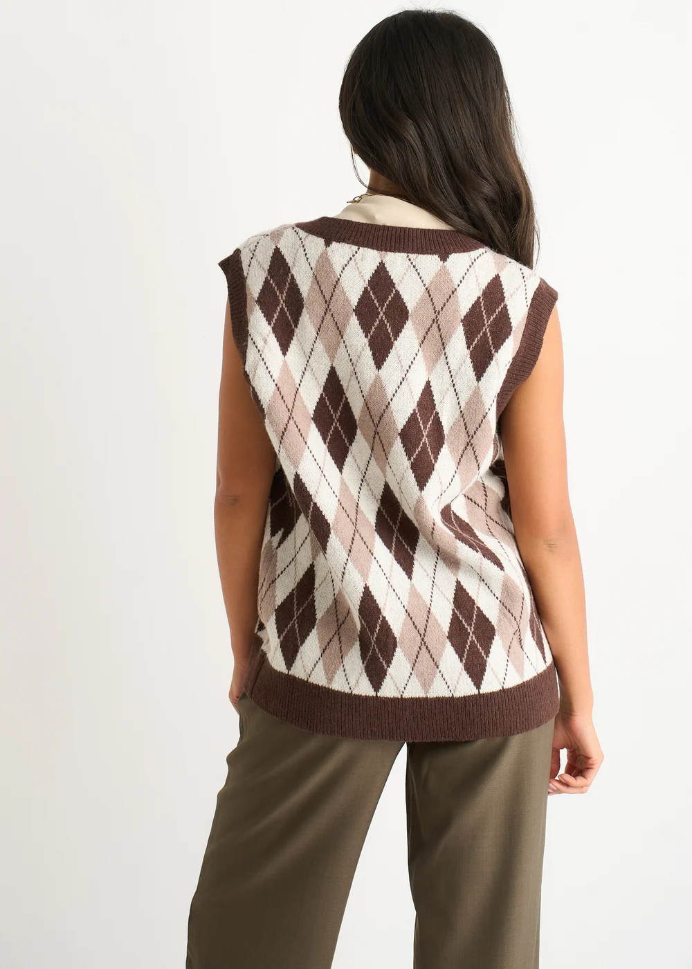 Gini London Chocolate Argyle Knit Vest Jumper - S/M Image 2