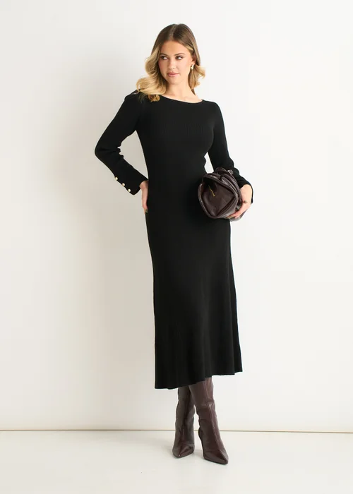 Gini London Black Slash Neck Knitted Fit And Flare Dress - M/L Image 1