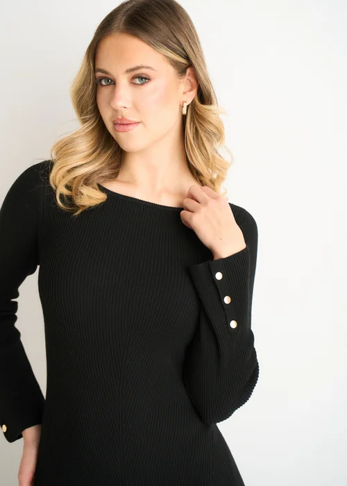 Gini London Black Slash Neck Knitted Fit And Flare Dress - M/L Image 3