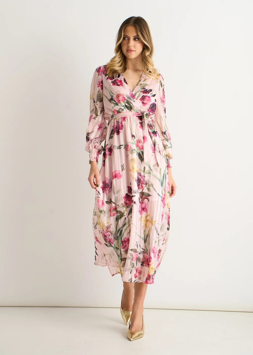 Gini London Pink Floral Print Sparkle Chiffon Wrap Midi Dress - 10 Image 1