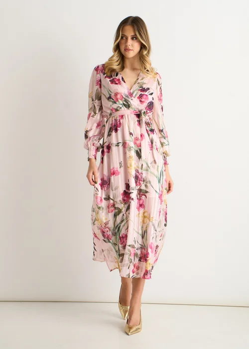 Gini London Pink Floral Print Sparkle Chiffon Wrap Midi Dress - 10 Image 1