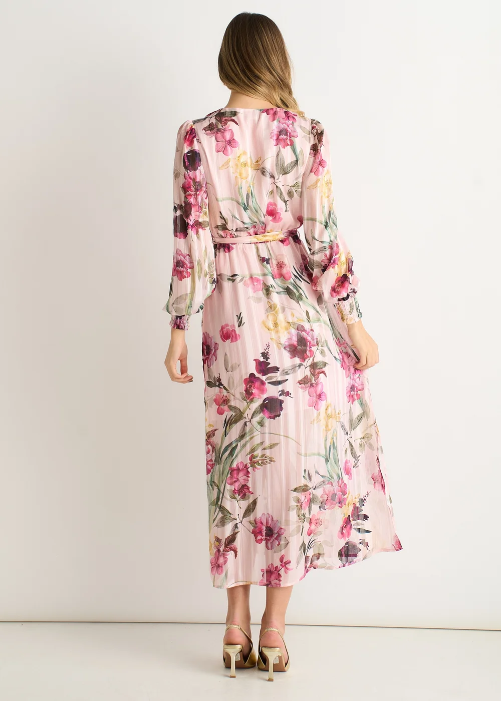 Gini London Pink Floral Print Sparkle Chiffon Wrap Midi Dress - 10 Image 2