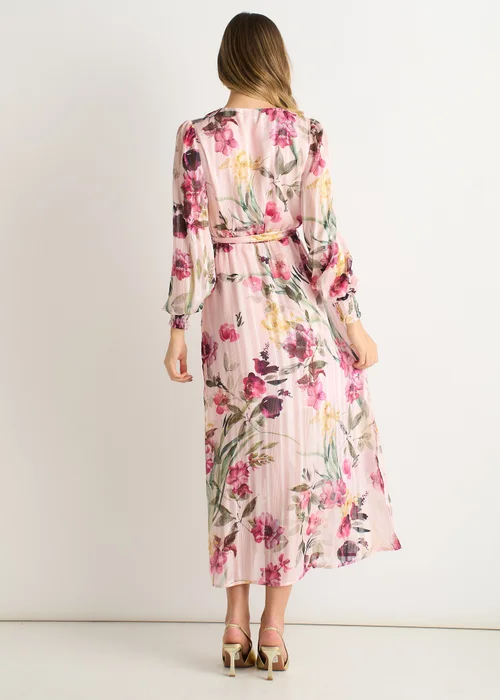 Gini London Pink Floral Print Sparkle Chiffon Wrap Midi Dress - 10 Image 2