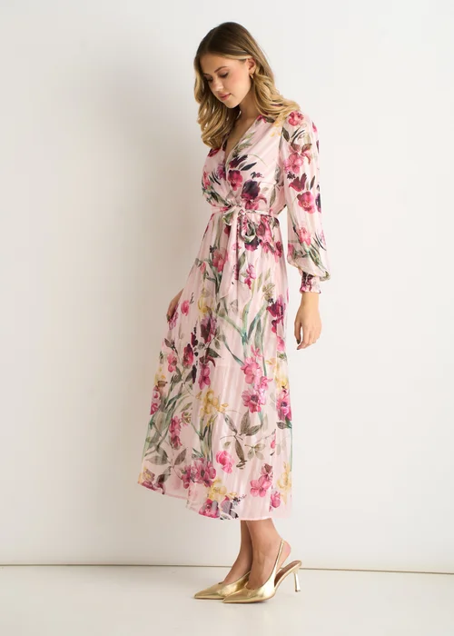 Gini London Pink Floral Print Sparkle Chiffon Wrap Midi Dress - 10 Image 4