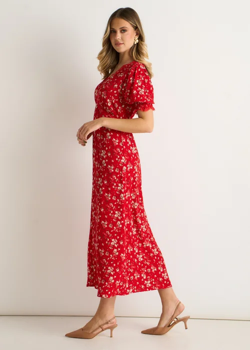Gini London Red Ecovero Viscose Lace Trim Midi Dress - 10 Image 4