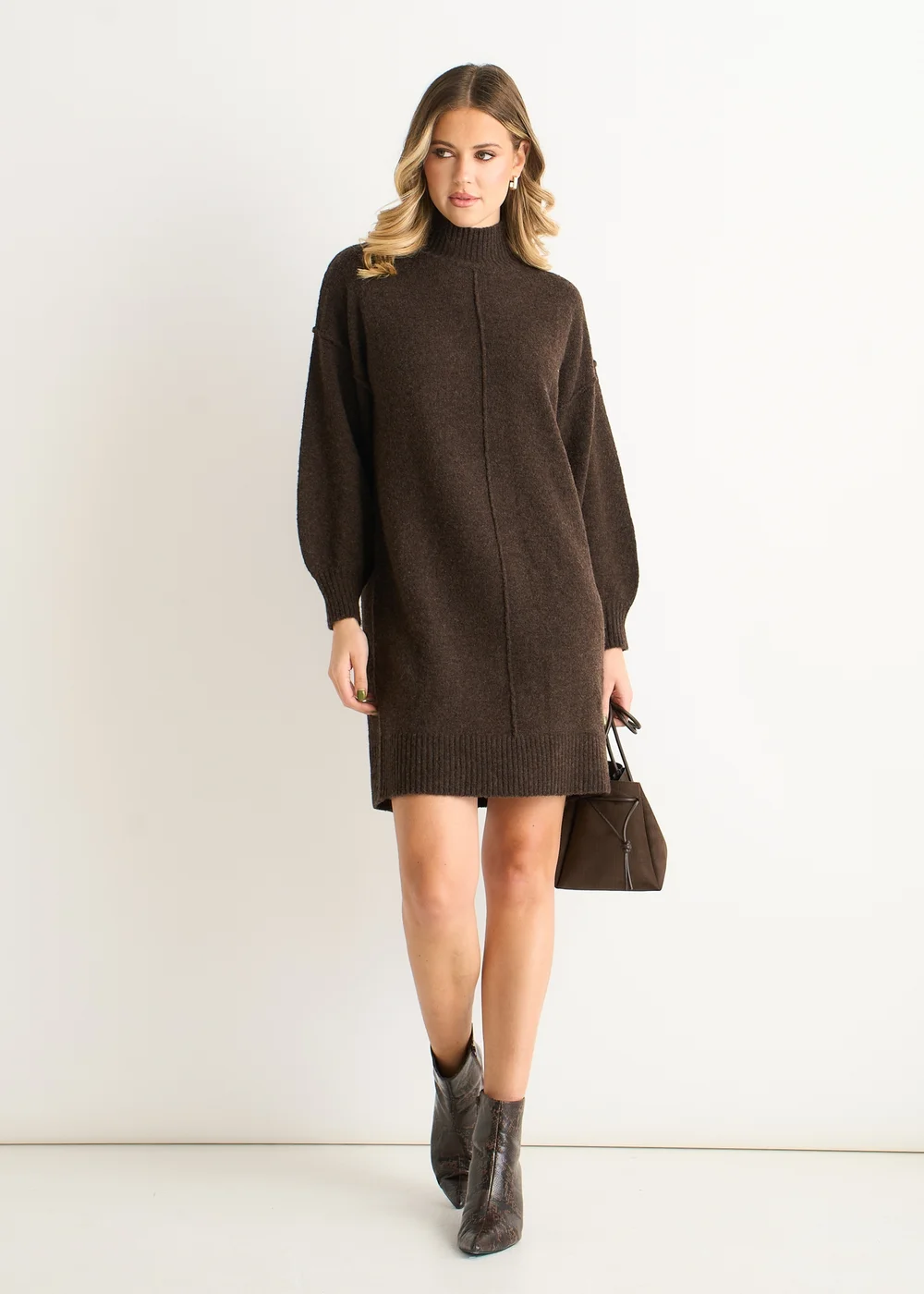 Gini London Brown Crew Neck Knitted Shift Dress - M/L Image 1