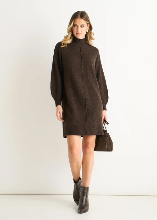 Gini London Brown Crew Neck Knitted Shift Dress - M/L Image 1