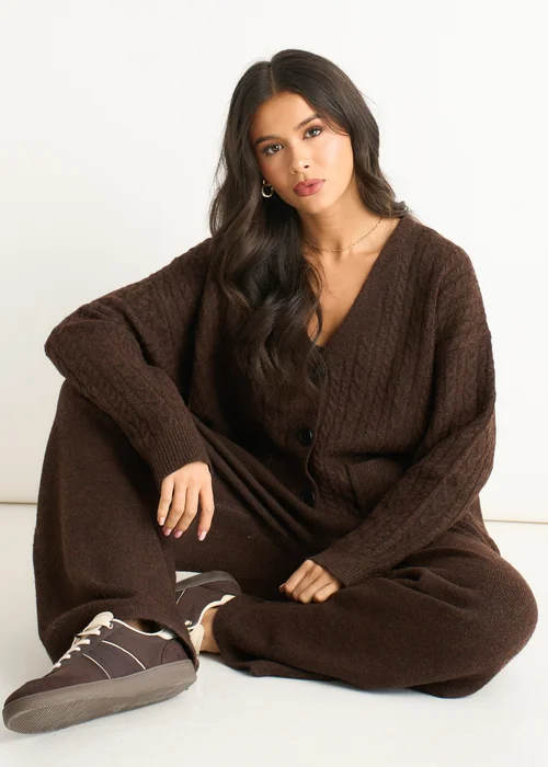 Gini London Brown Cable Patch Pocket Knitted Cardigan - L/XL Image 1