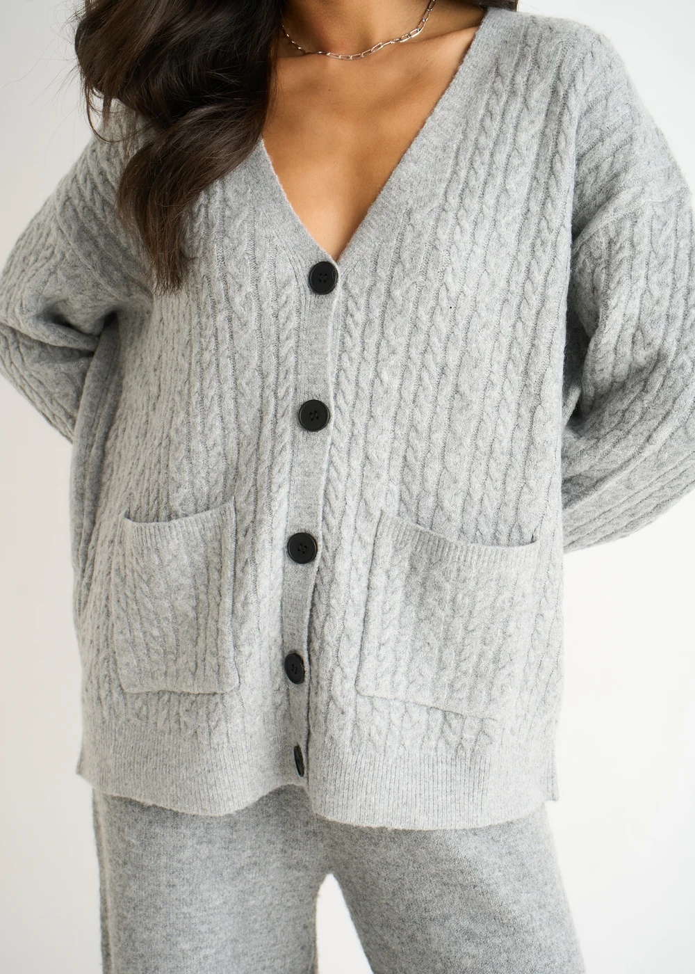 Gini London Grey Cable Patch Pocket Knitted Cardigan - S/M Image 3