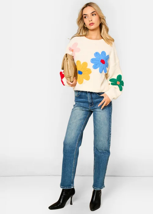 Gini London Cream 3D Flower Crochet Knitted Jumper - S/M Image 1