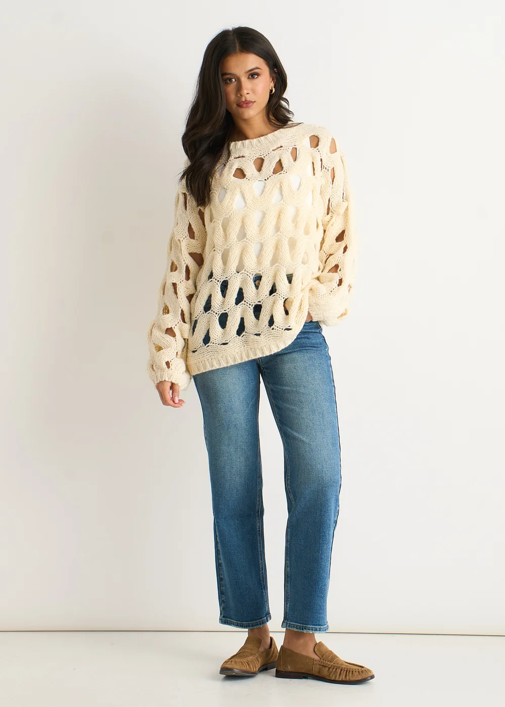 Gini London Butter Cream Hollow Chunky Knit Jumper - M/L Image 1