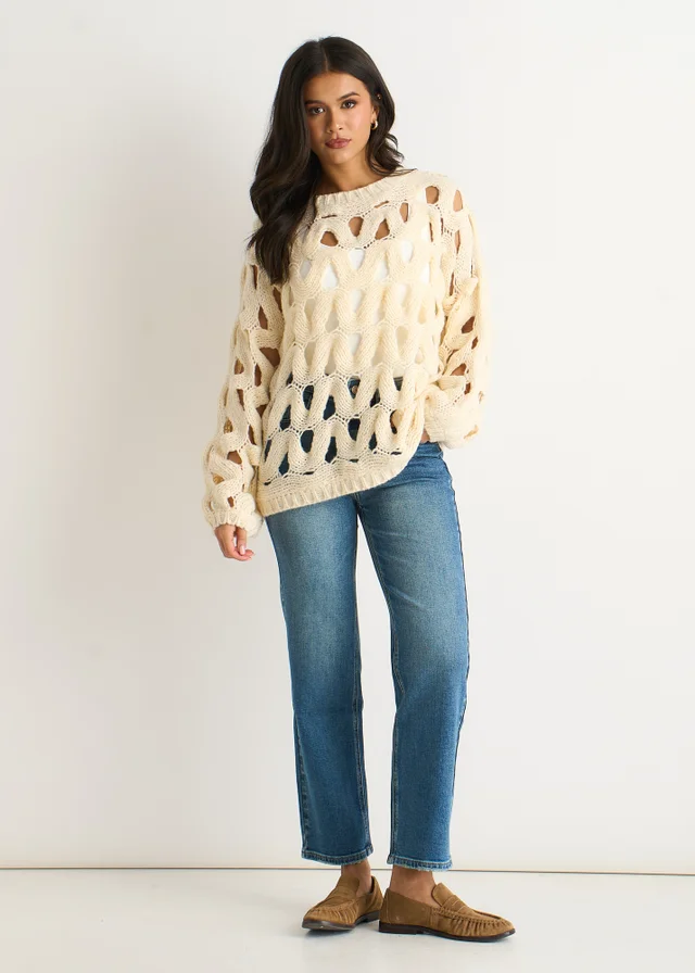 Gini London Butter Cream Hollow Chunky Knit Jumper