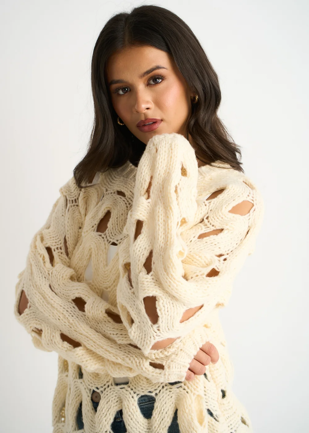 Gini London Butter Cream Hollow Chunky Knit Jumper - M/L Image 3