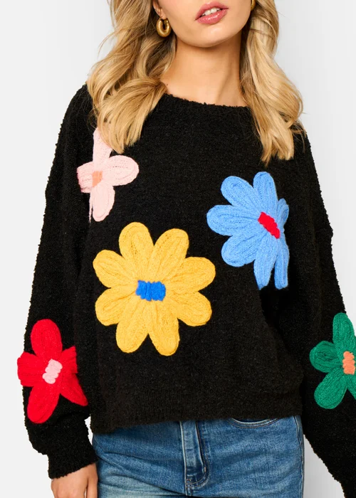 Gini London Black 3D Flower Crochet Knitted Jumper - L/XL Image 3