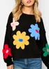 Gini London Black 3D Flower Crochet Knitted Jumper - L/XL Image 3