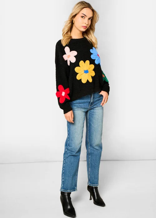Gini London Black 3D Flower Crochet Knitted Jumper - L/XL Image 4