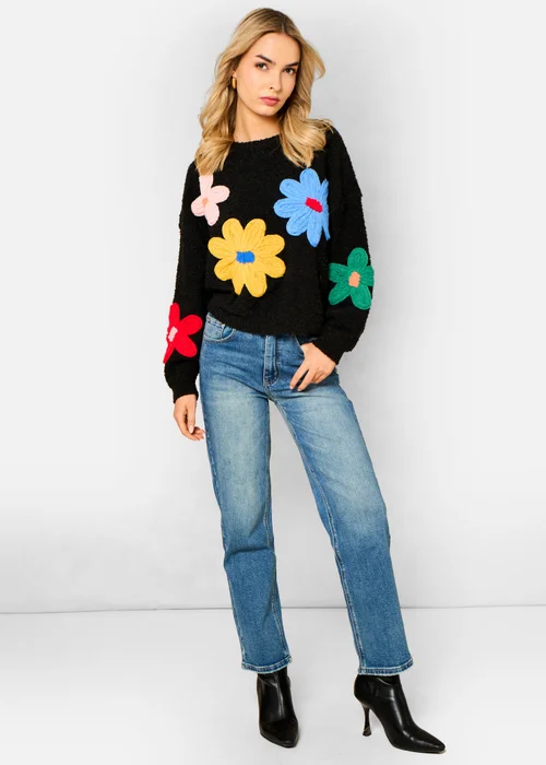 Gini London Black 3D Flower Crochet Knitted Jumper - L/XL Image 1