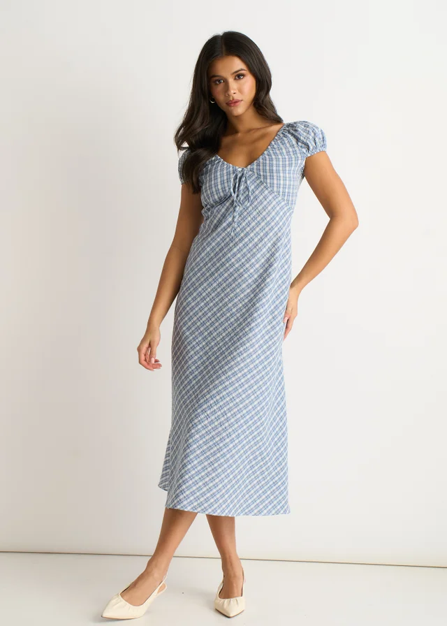 Gini London Blue V Neck Textured Gingham Midi Dress