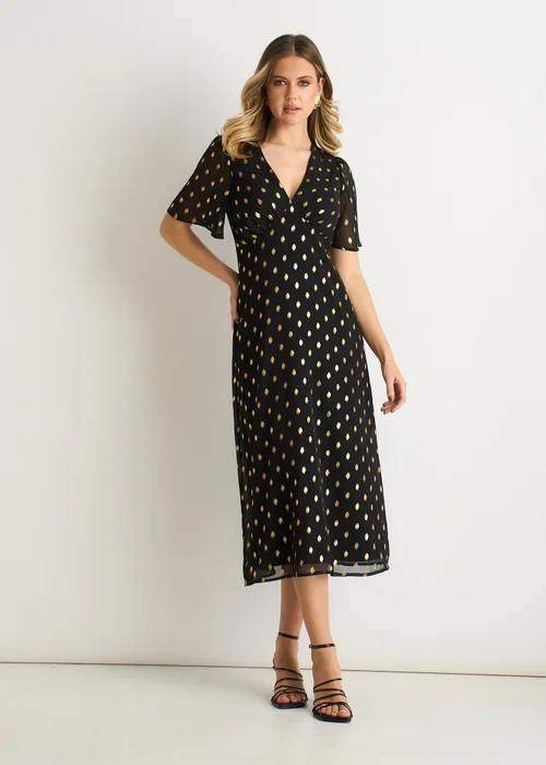 Gini London Black V Neck Foil Midi Skater Dress - 12 Image 1