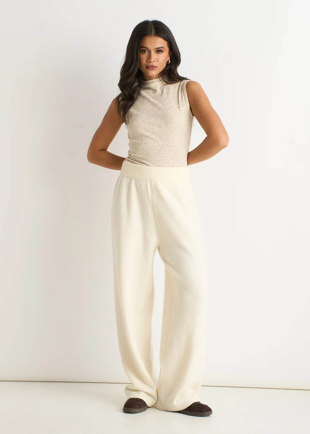 Gini London Off White Knitted Pull On wide Leg Trousers - L/XL Image 1
