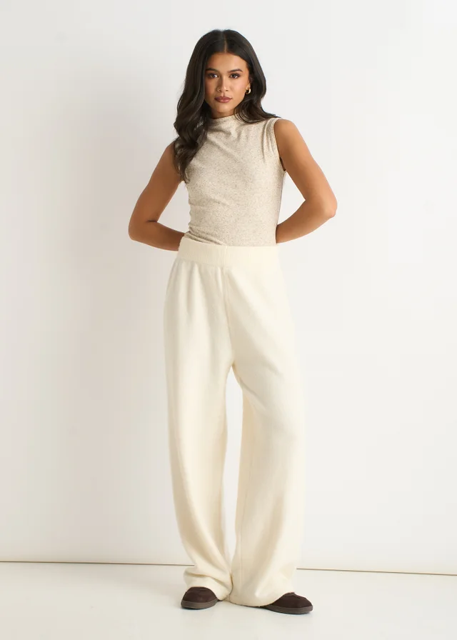 Gini London Off White Knitted Pull On wide Leg Trousers