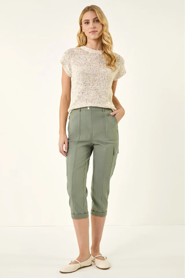 Roman Khaki Cropped Cargo Stretch Trouser