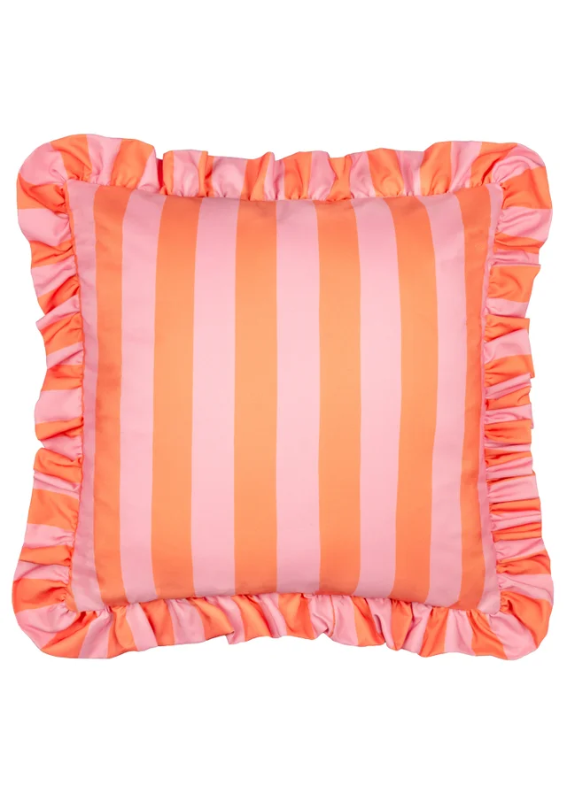 Furn Palm Royale Stripe Ruffle Pink/Orange Outdoor Cushion (50 x 50cm)