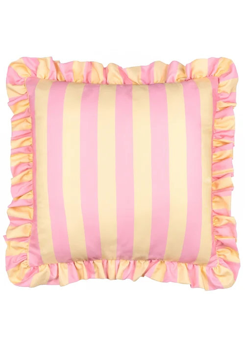 Furn Palm Royale Stripe Ruffle Pink/Yellow Outdoor Cushion (50 x 50cm) - 50cm x 50cm Image 1