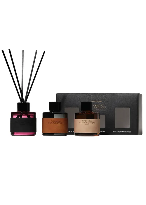 French Connection Candle Giftset Leather Range Black Rum, Sandalwood, Bergamot 3 X 54G 1 Wick - 3 piece set Image 1