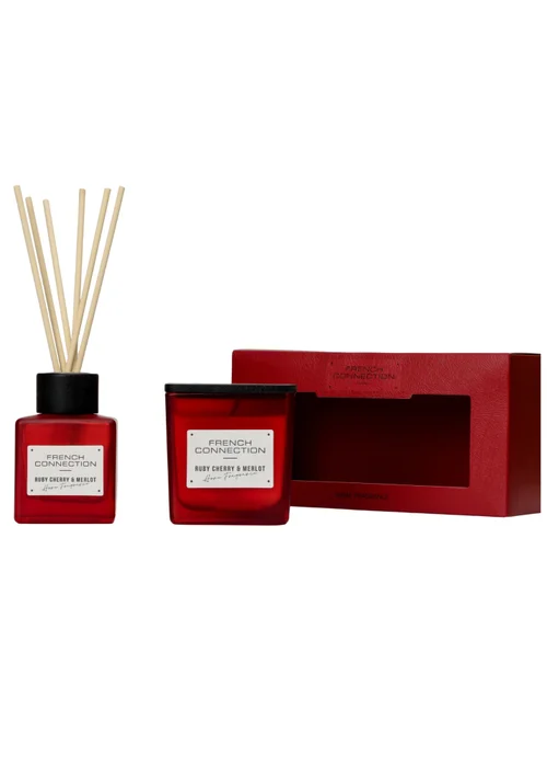 French Connection Red Candle & Reed Diffuser Giftset Cherry & Merlot 200g & 100ML - 2 Pack Image 1