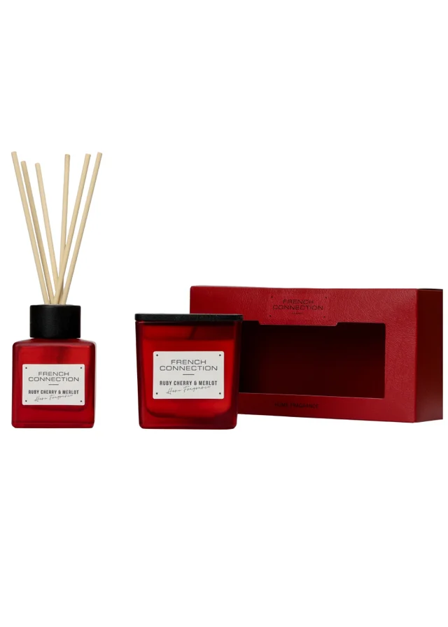 French Connection Red Candle & Reed Diffuser Giftset Cherry & Merlot 200g & 100ML