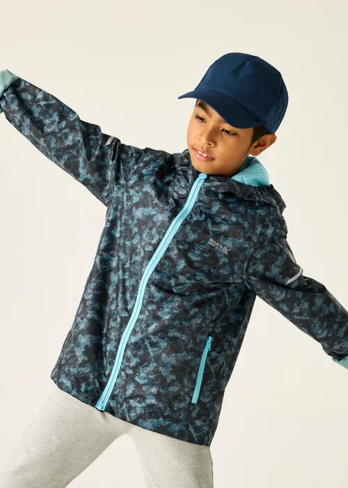 Regatta China Blue Scratched Camo Printed Lever II Waterproof Reflective Jacket (3-13 Years) - 13 Yrs Image 1