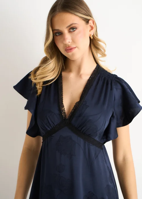 Gini London Navy Floral Satin Jacquard Lace Trim Midi Dress - 8 Image 3