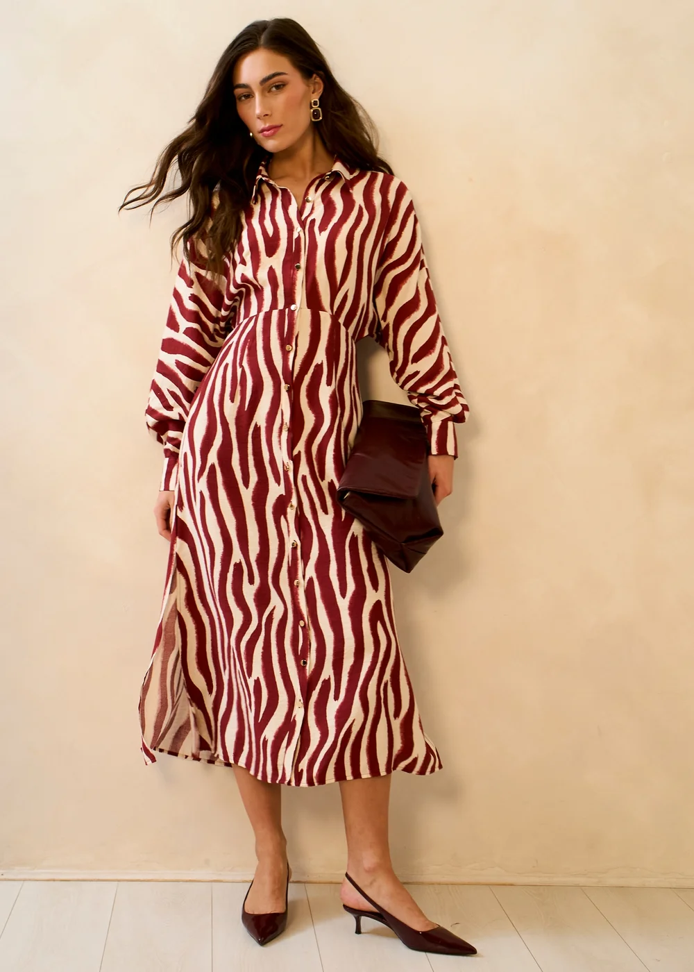 Gini London Burgundy Zebra Print Batwing Sleeves Shirt Dress - 8 Image 1