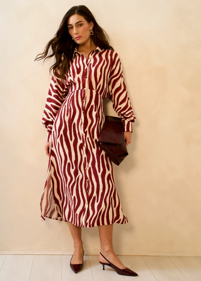 Gini London Burgundy Zebra Print Batwing Sleeves Shirt Dress