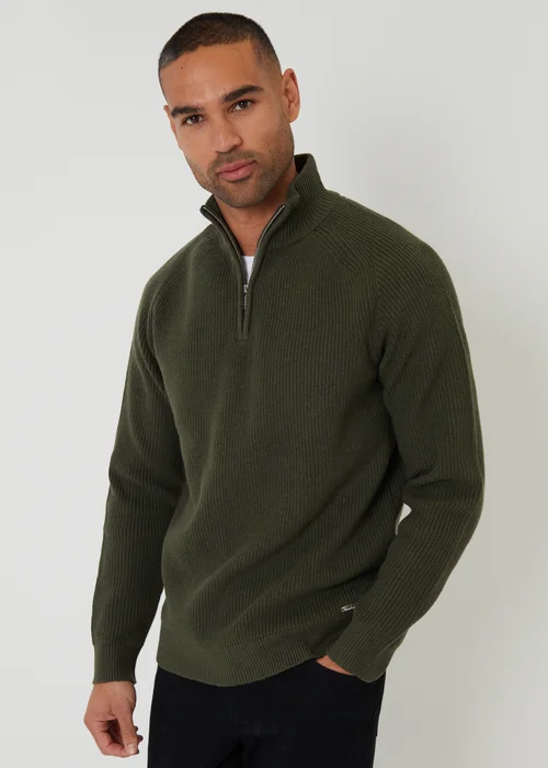 Threadbare Green Cotton Blend Rib Panel Quarter Zip Knitted Jumper - XXL Image 1