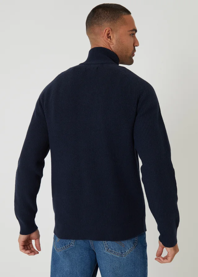 Threadbare Navy Cotton Blend Rib Panel Quarter Zip Knitted Jumper