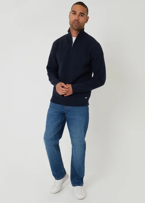 Threadbare Navy Cotton Blend Rib Panel Quarter Zip Knitted Jumper - Medium Image 3