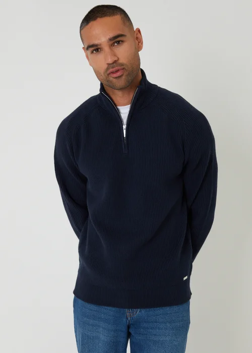 Threadbare Navy Cotton Blend Rib Panel Quarter Zip Knitted Jumper - Medium Image 1