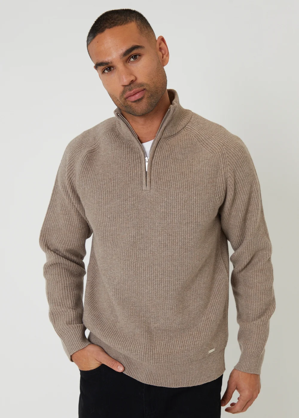 Threadbare Taupe Cotton Blend Rib Panel Quarter Zip Knitted Jumper - Small Image 1