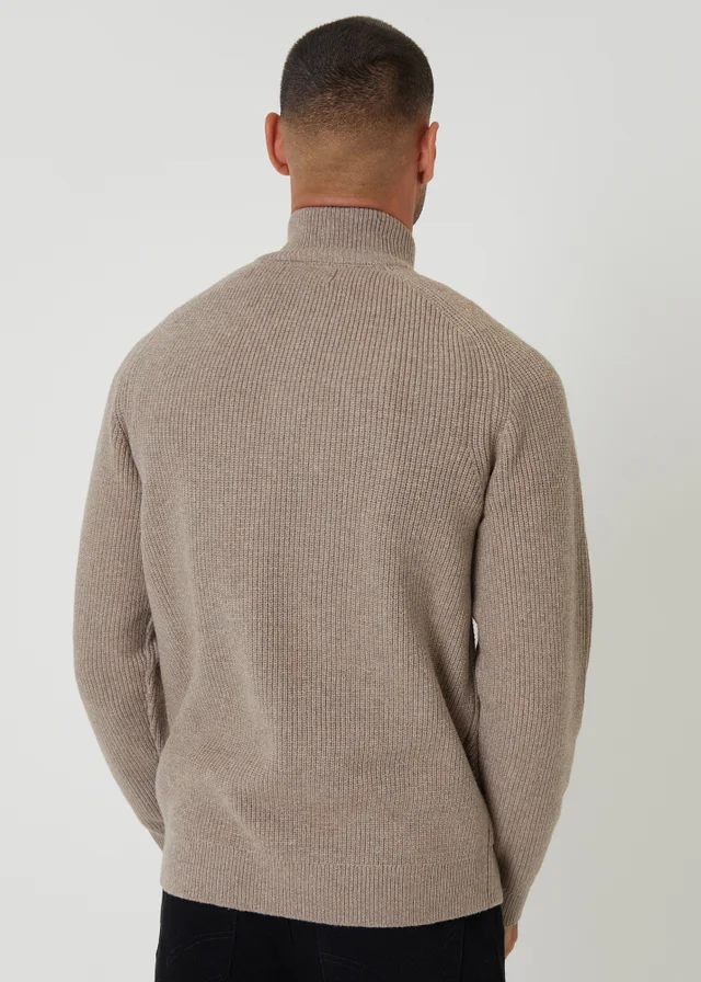 Threadbare Taupe Cotton Blend Rib Panel Quarter Zip Knitted Jumper
